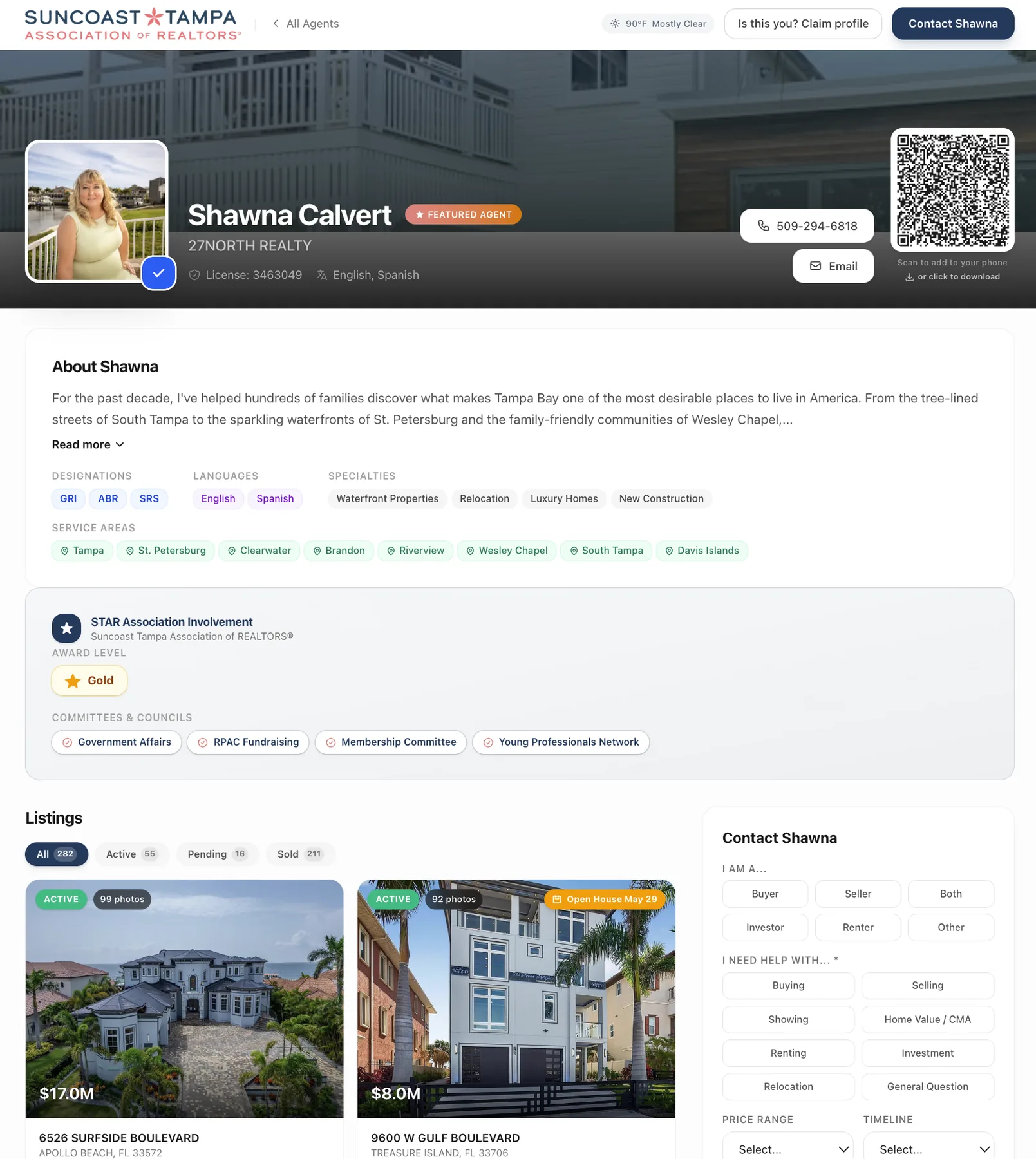 A rich agent profile with designations, listings, reviews, and a contact form