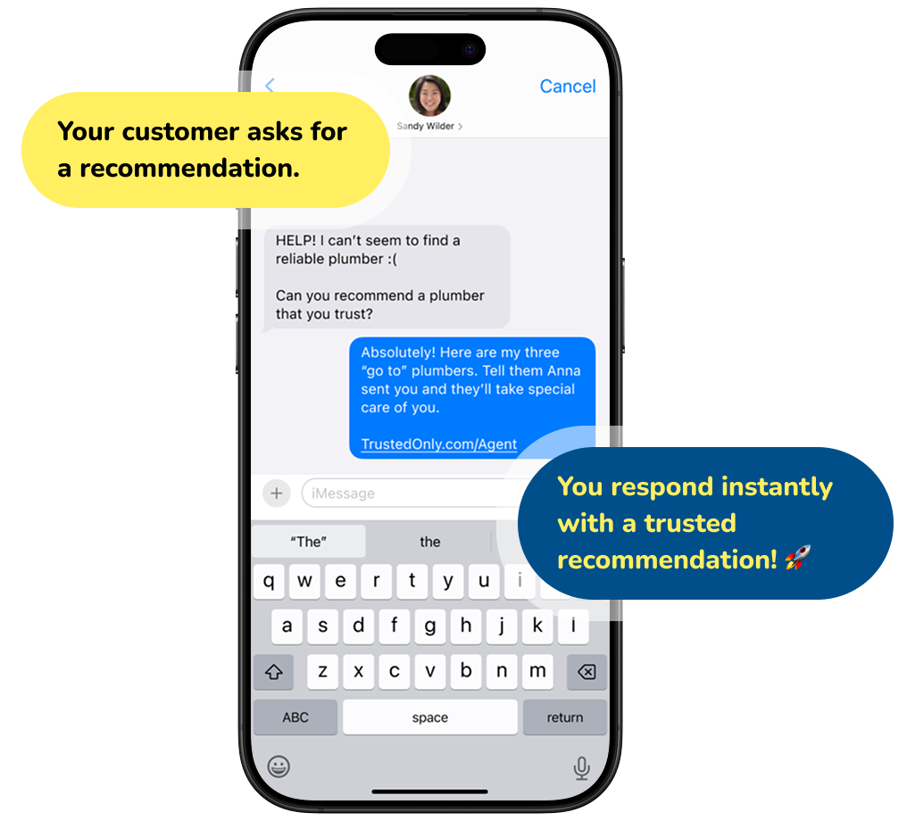 A client texts their agent for a plumber recommendation; the agent instantly replies with a trusted list link.