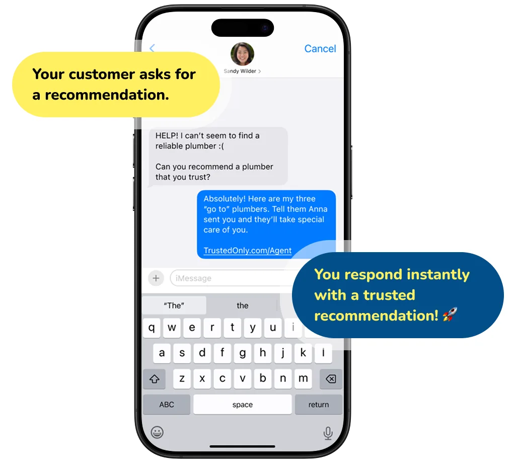 A client texts their agent for a plumber recommendation; the agent instantly replies with a trusted list link.